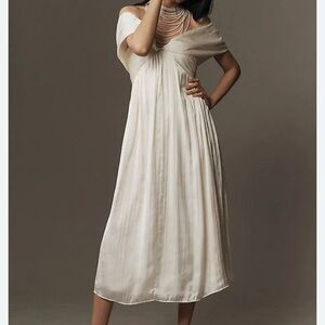 BHLDN IVORY OFF-THE-SHOULDER PLEATED MIDI DRESS (XS)